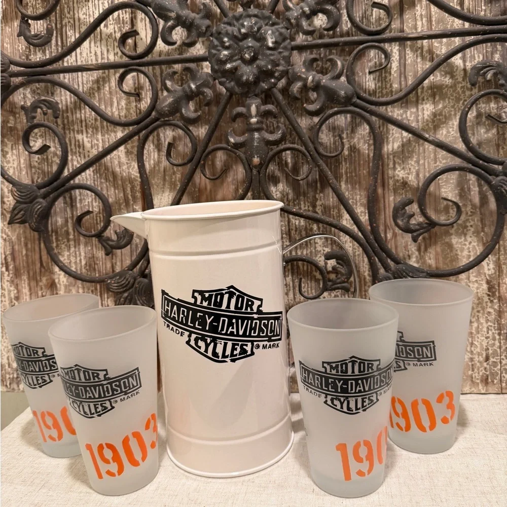 *NWOT Harley Davidson pitcher & glass set frosted glasses - Picture 8 of 10